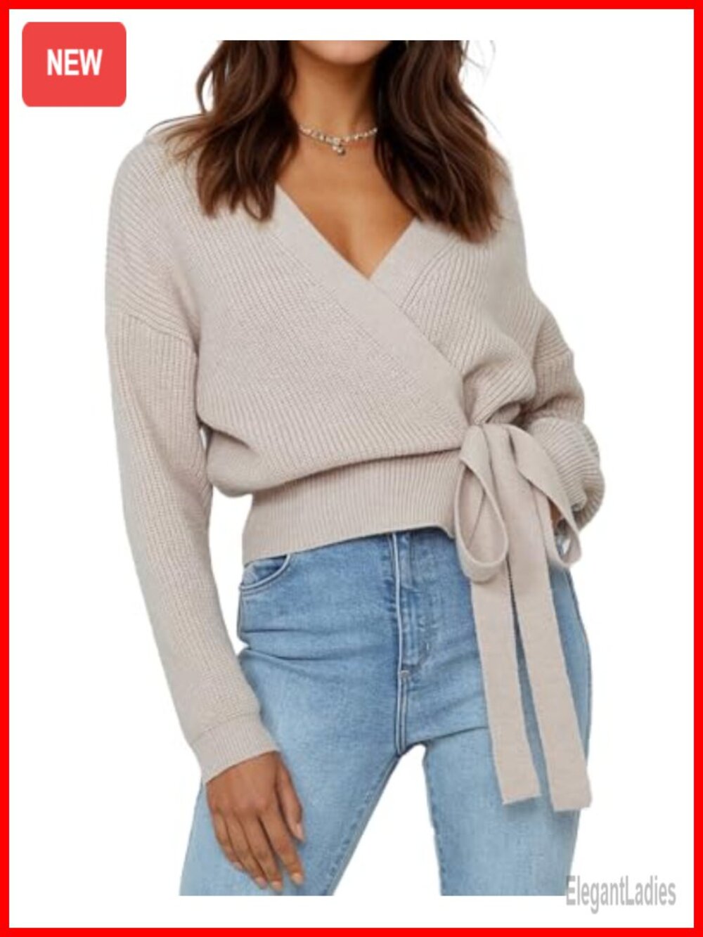Women's Cropped V-Neck Tie Front Ribbed Knit Long Sleeve Sweater Pullover